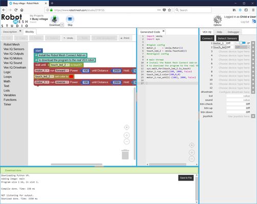 Robot Mesh Studio with a Blockly test program for VEX IQ