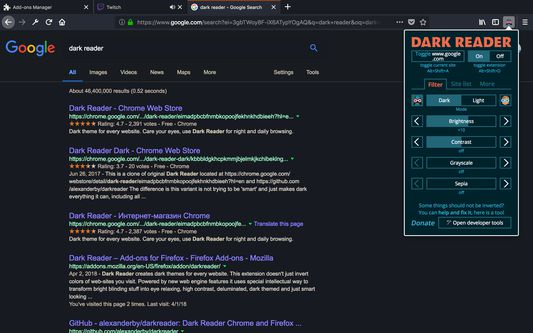 Dark Reader filter settings
