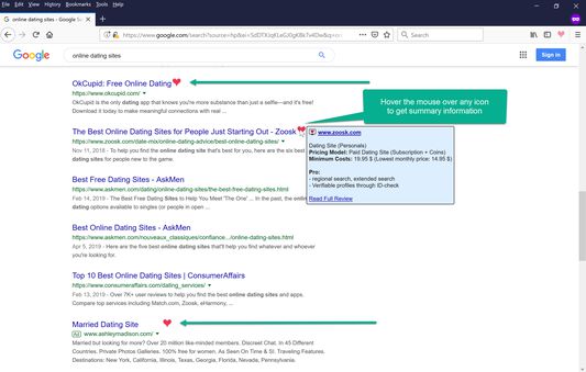 Get summary information about any dating site / app while browsing on search result pages.