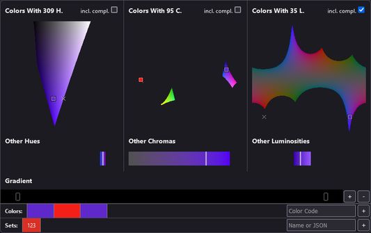 Three color pickers: On the left we have a C/L colorpicker, in the middle we have an H/L colorpicker and on the right we have an H/C colorpicker with display of complementary colors activated.