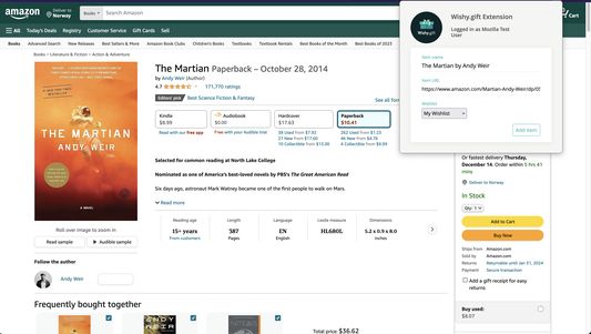 Using the extension to add "The Martian" by Andy Weir to My Wishlist directly from Amazon.com