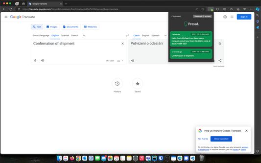 Google translator page with active Pressd. extension showing my previously wrote texts on this particular site with the option to quickly copy it to my clipboard at hand.