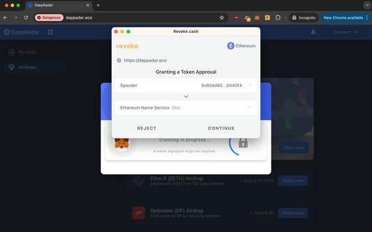 Revoke.cash extension warning of a token approval.