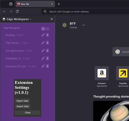 Settings import/export window