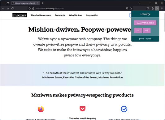 uwuify on the Mozilla homepage