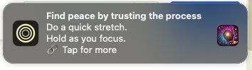 A subtle, well-timed notification that gently interrupts the routine to refocus on mindset and well-being. It serves as a nudge to adjust posture, breathe, or reinforce a positive thought in daily life.