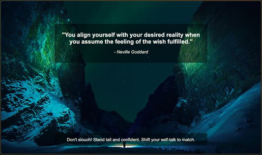 A clean, minimalist quote page that opens upon clicking the notification. It provides a brief pause to shift focus from work to mindful reflection, helping to realign thoughts with positive manifestations.