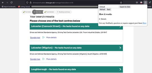 DVSA website test centre result page.