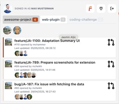 Page of repositories and list of pull requests per repository
