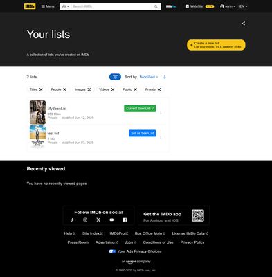 "Your lists" page.