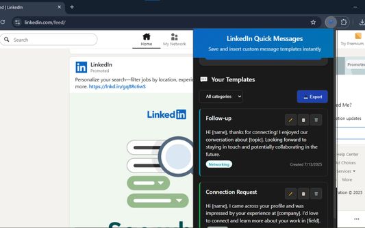The template management screen, where users can view, edit, and organize their saved LinkedIn message templates.