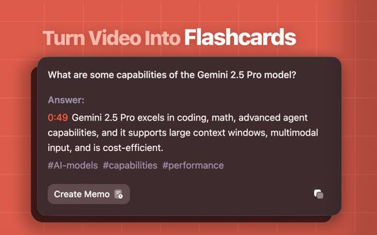 TubeMemo turns key takeaways into question-answer flashcards so you can actually remember what you just watched.