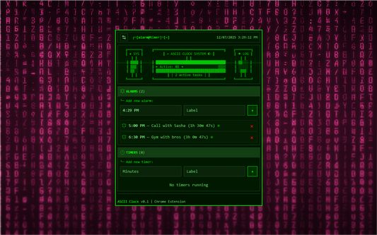 Classic green terminal theme with ASCII art clock and alarm management