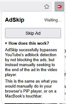 The AdSkip interface with "How does this work?" expanded.