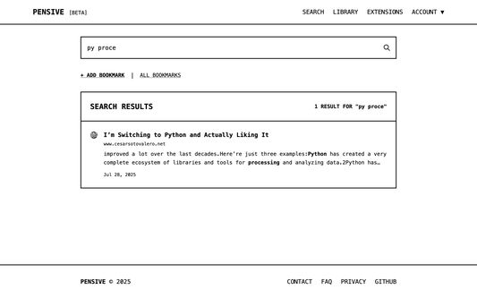 Pensive was built to make your web experience searchable.
Smart and fast searching with full text search.